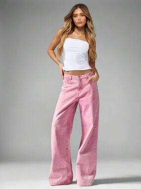 Missguided Pink Wide Leg Denim Pants With White Stitching 32’ Inseam Cotton NWOT